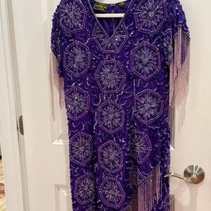 Vintage Purple Beaded Fringe Evening Dress – Art Deco Style
